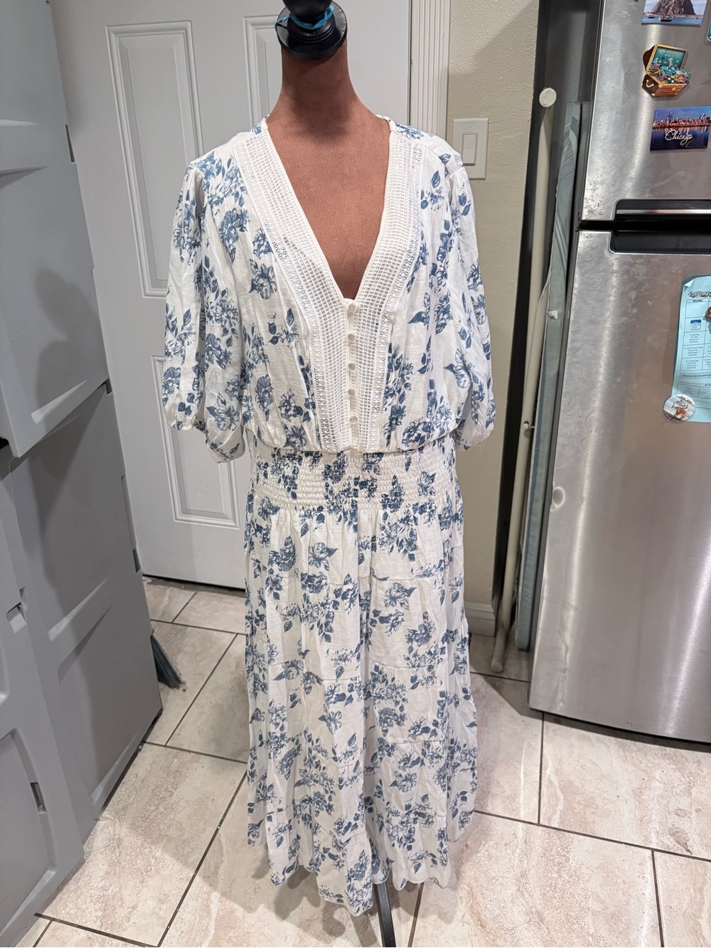 Anthropologie White Midi Dress with Blue Floral Print